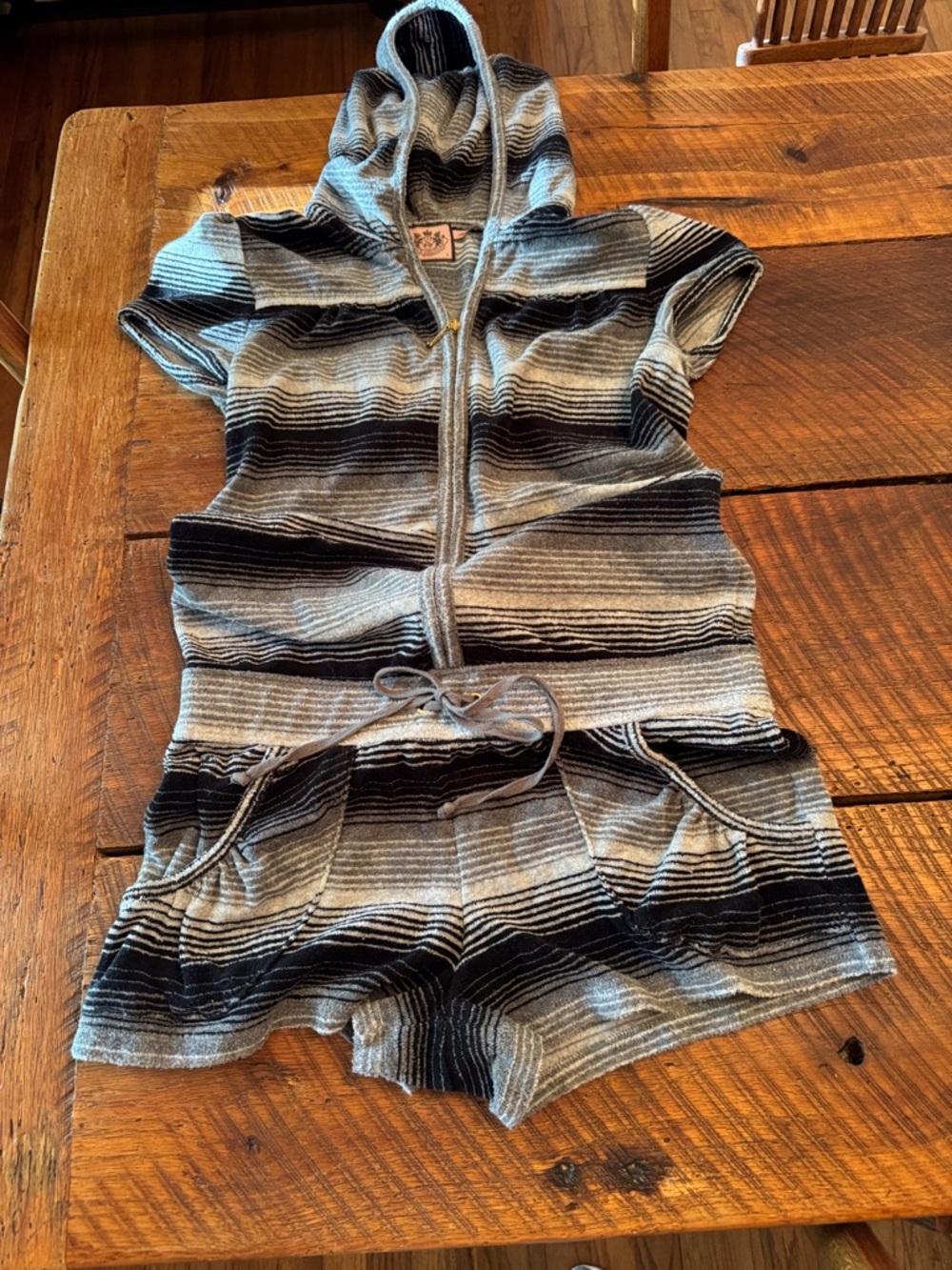 Vintage Juicy Couture Black and Gray Terry cloth Striped Hooded Shorts Romper